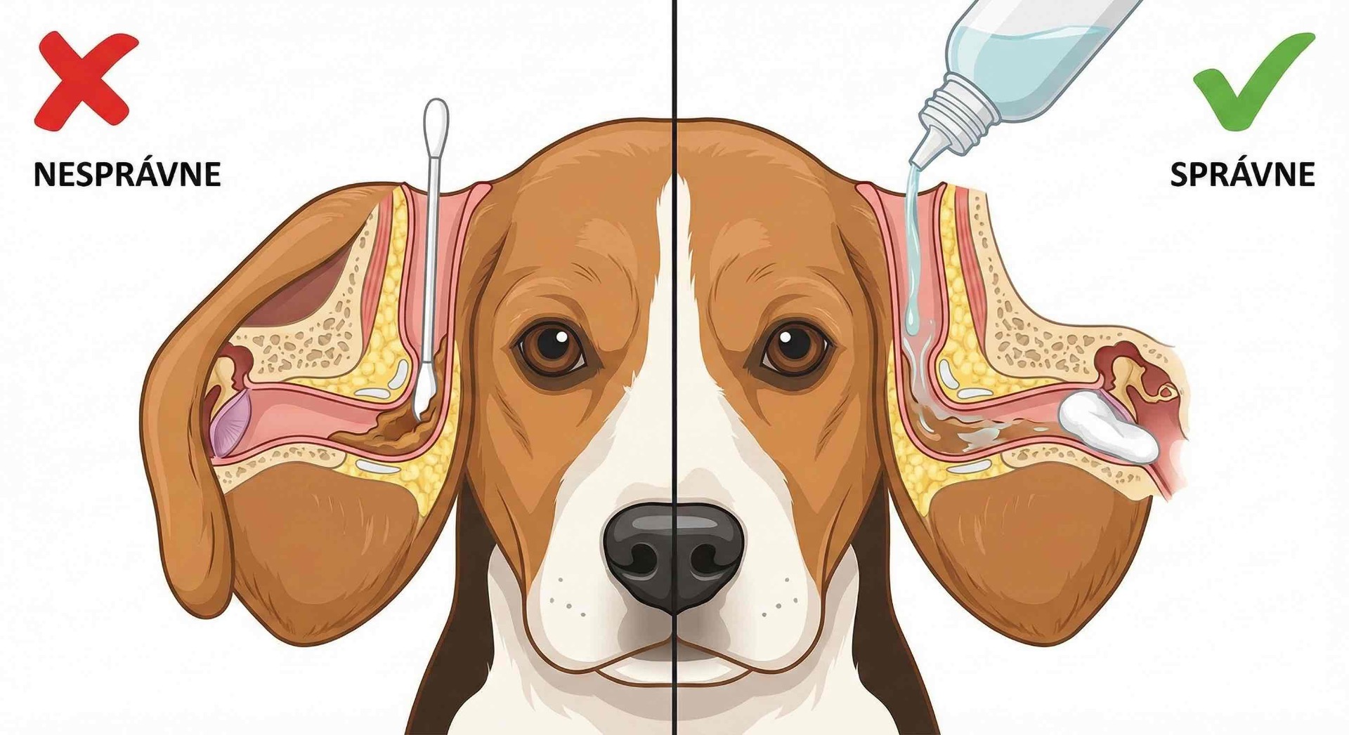 Tento obrázok jasne ukazuje riziko používania vatových tyčiniek (zatláčanie mazu k bubienku) oproti bezpečnej metóde výplachu roztokom.
