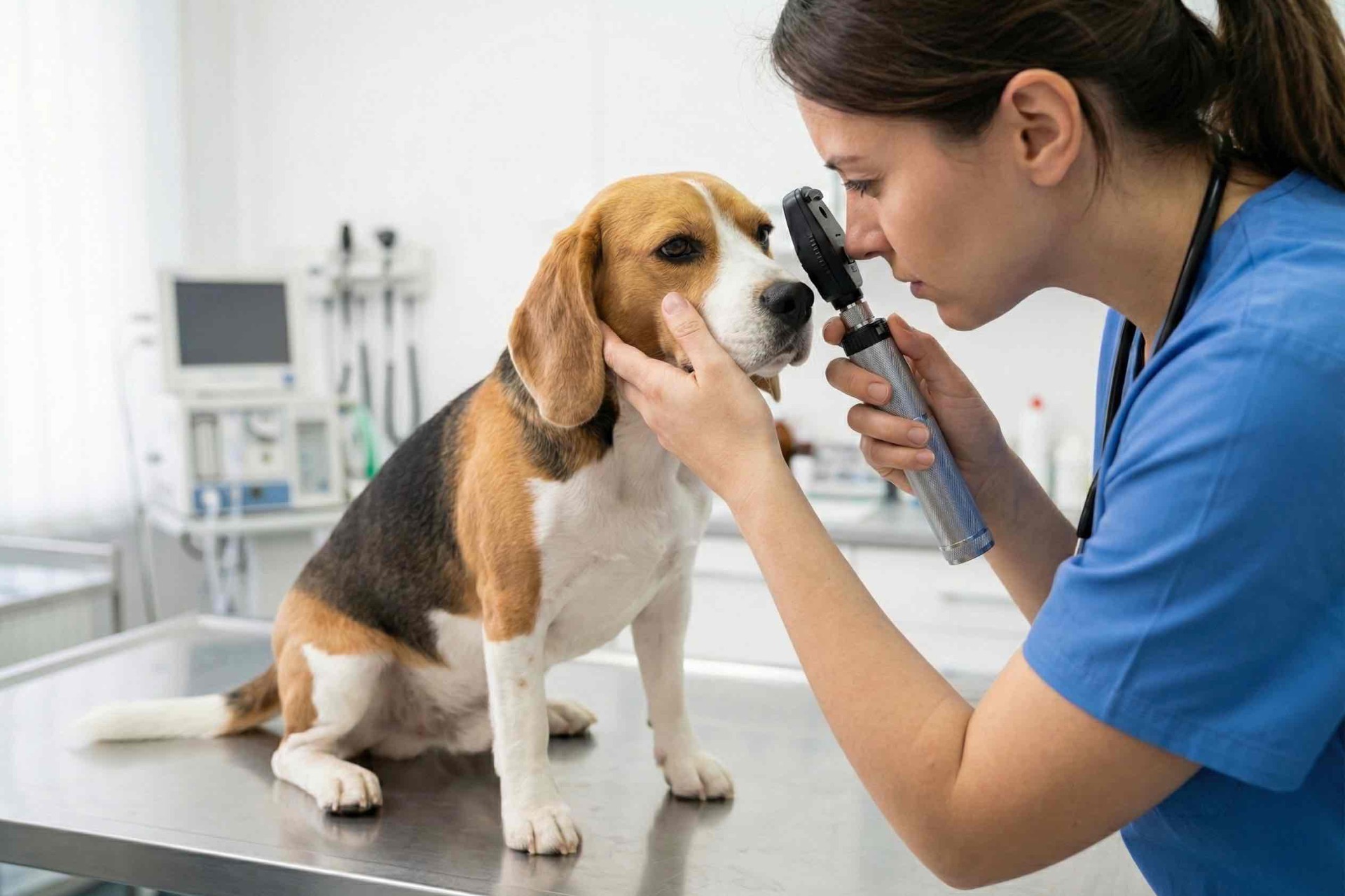 Veterinárka vyšetruje oko bígla pomocou oftalmoskopu