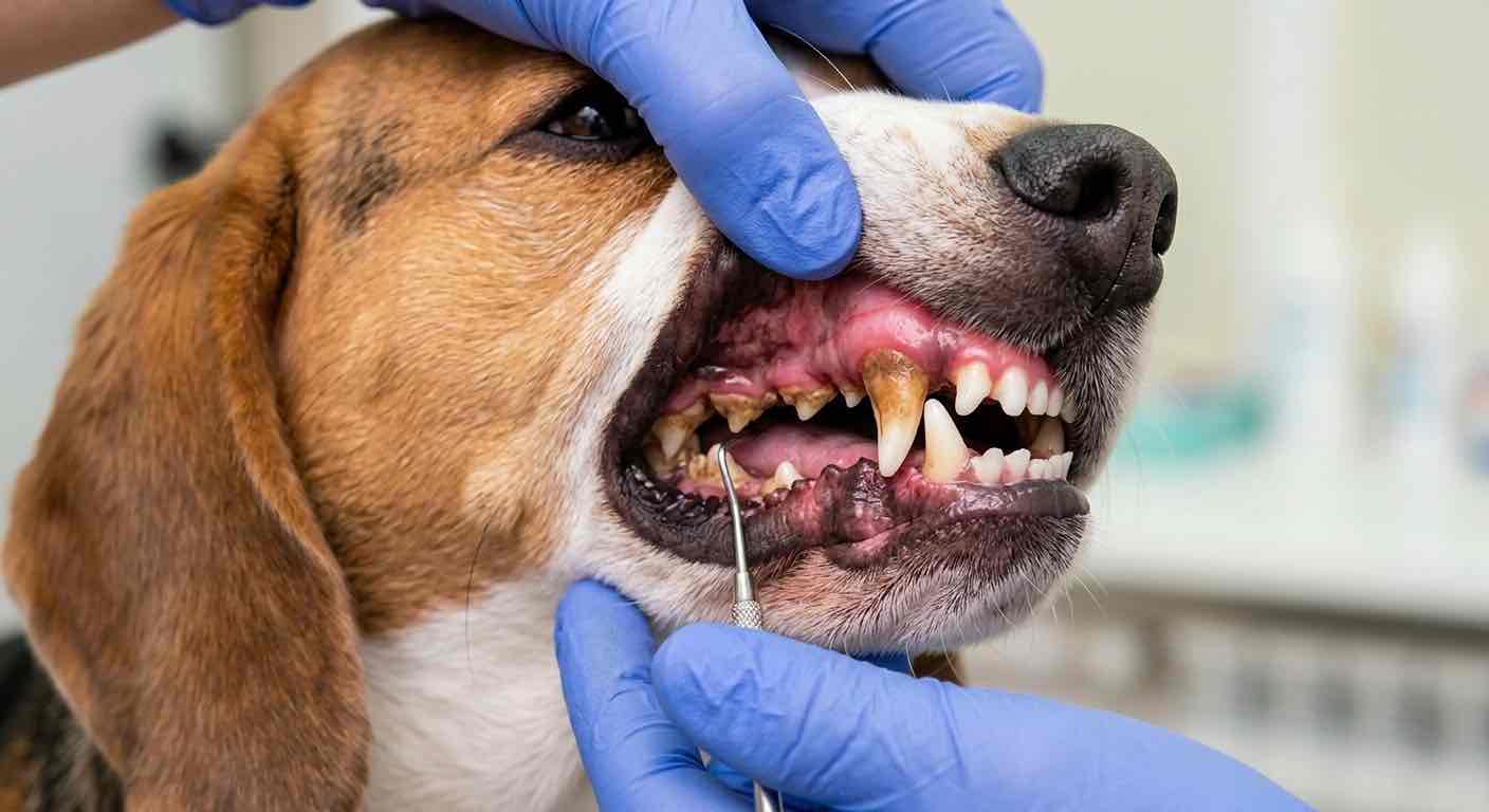 Predné rezáky vyzerajú relatívne čisto, veľké očné zuby a stoličky sú pokryté hnedožltým nánosom zubného kameňa