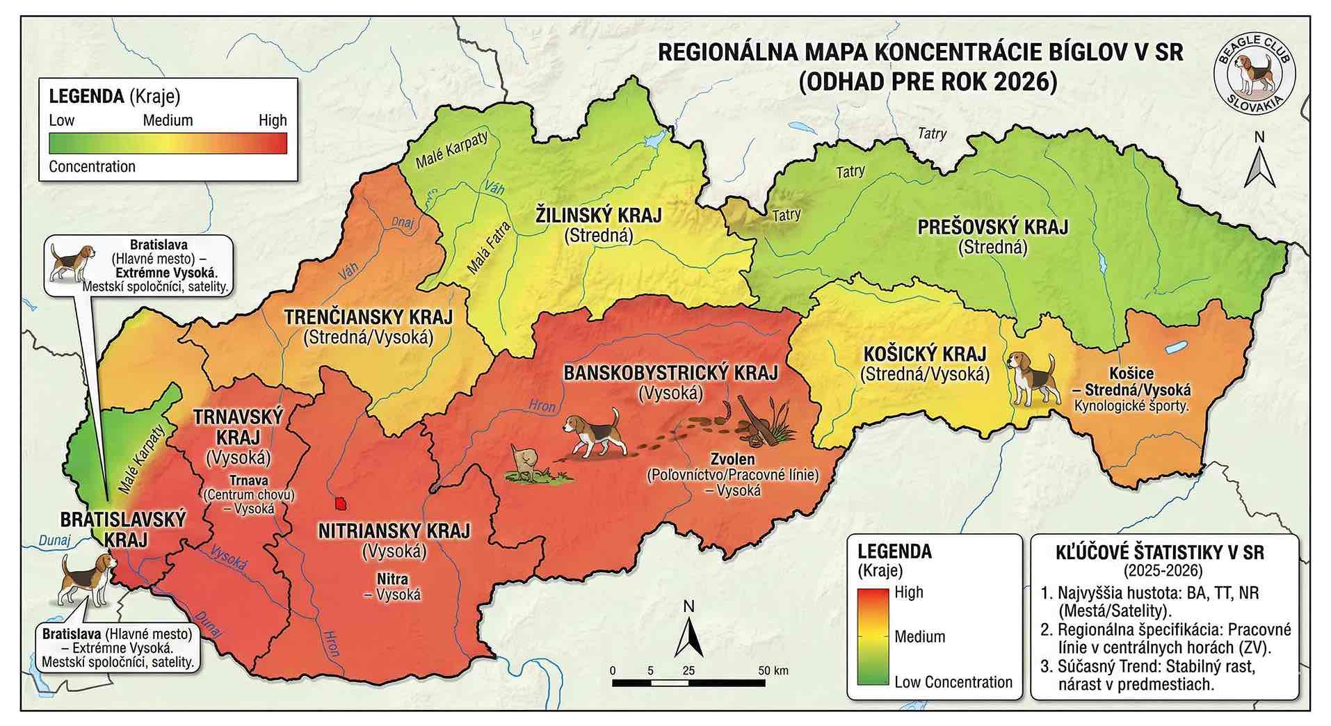 Regionálna mapa koncentrácie bíglov v SR