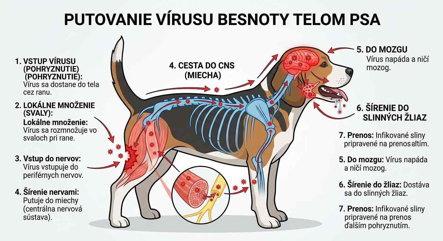 Putovanie vírusu besnoty telom psa.