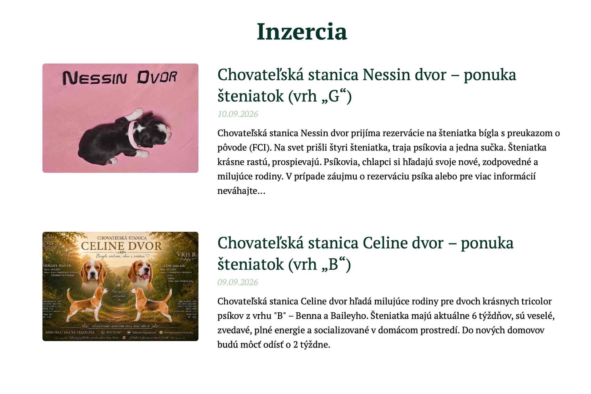sekcia Inzercia na web stránke www.beagleclub.sk